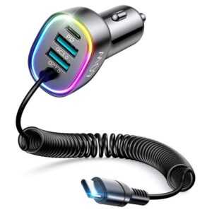 JR-CL19 60W 4-in-1 Car Charger with Coiled Type-C Cable-Black