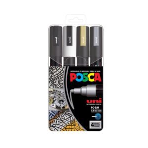 Posca PC-5M Marker, round tip, 2.50 mm, (4 Pieces) – White, Silver, Gold, Black