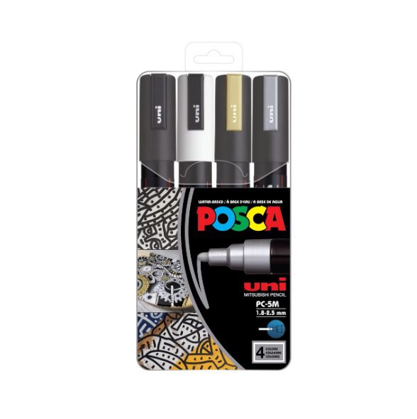 Posca PC-5M Marker, round tip, 2.50 mm, (4 Pieces) – White, Silver, Gold, Black