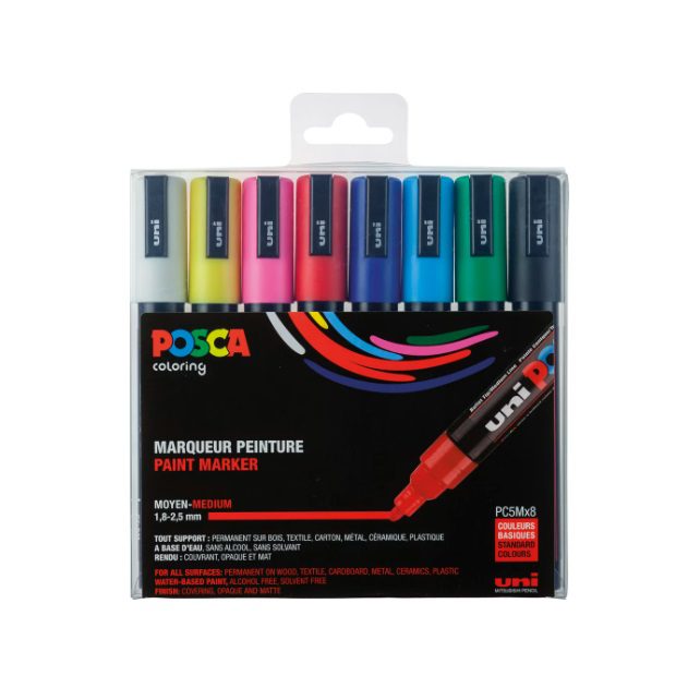 Posca PC-5M Marker, round tip, 2.50 mm, (8 Pieces) – Basic Colours