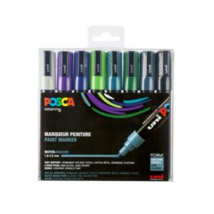 Posca PC-5M Marker, 2.50 mm, (8 Pieces) – White, Emerald Green, Slate Grey, Violet, Dark Green, Apple Green, Black, Dark Blue