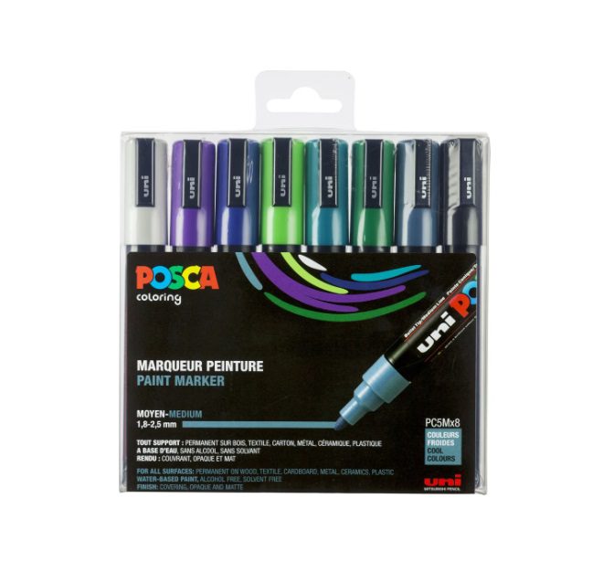 Posca PC-5M Marker, 2.50 mm, (8 Pieces) – White, Emerald Green, Slate Grey, Violet, Dark Green, Apple Green, Black, Dark Blue