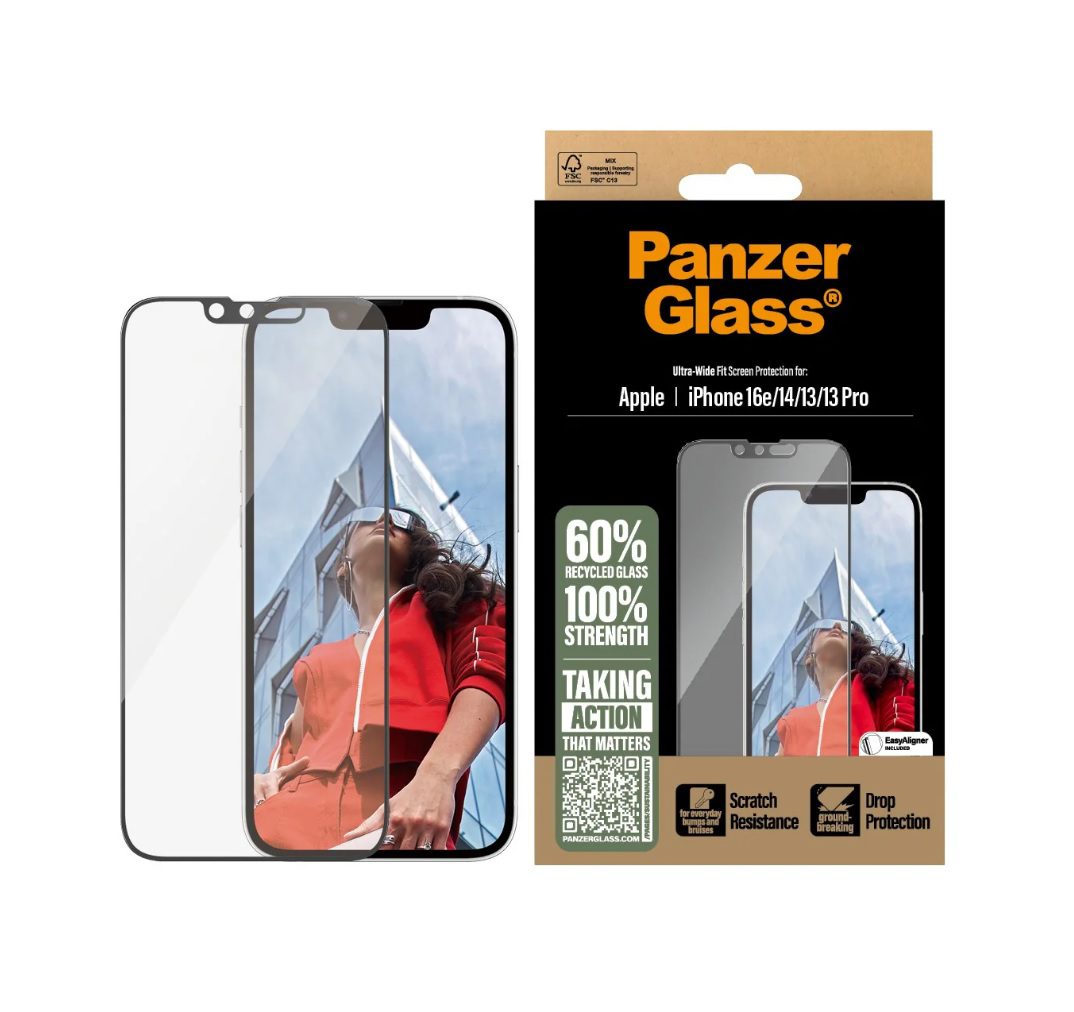 PanzerGlass Screen Protector Ultra-Wide Fit w. Aligner (1 Piece), Apple iPhone 16e, Apple iPhone 14, Apple iPhone 13, Apple iPhone 13 Pro