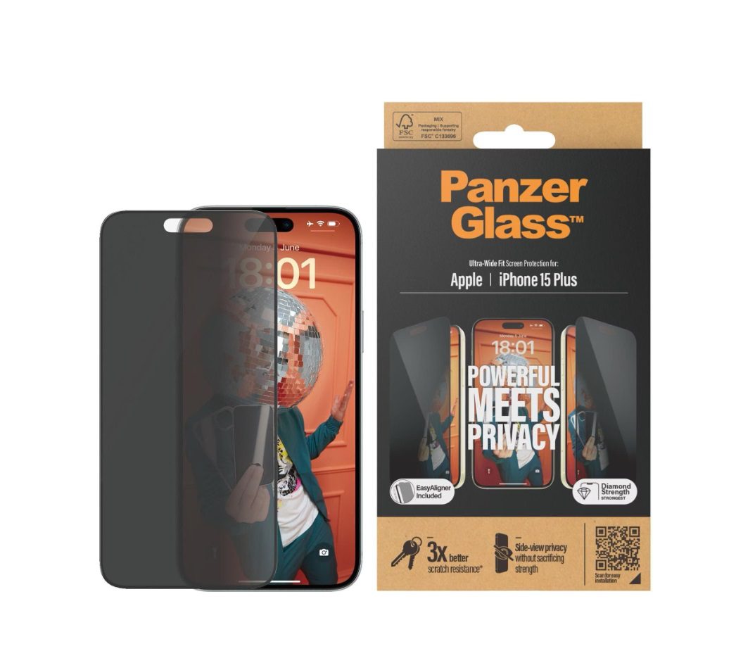 PanzerGlass Privacy Ultra-Wide Fit Screen Protector (1 Piece), iPhone 15 Plus