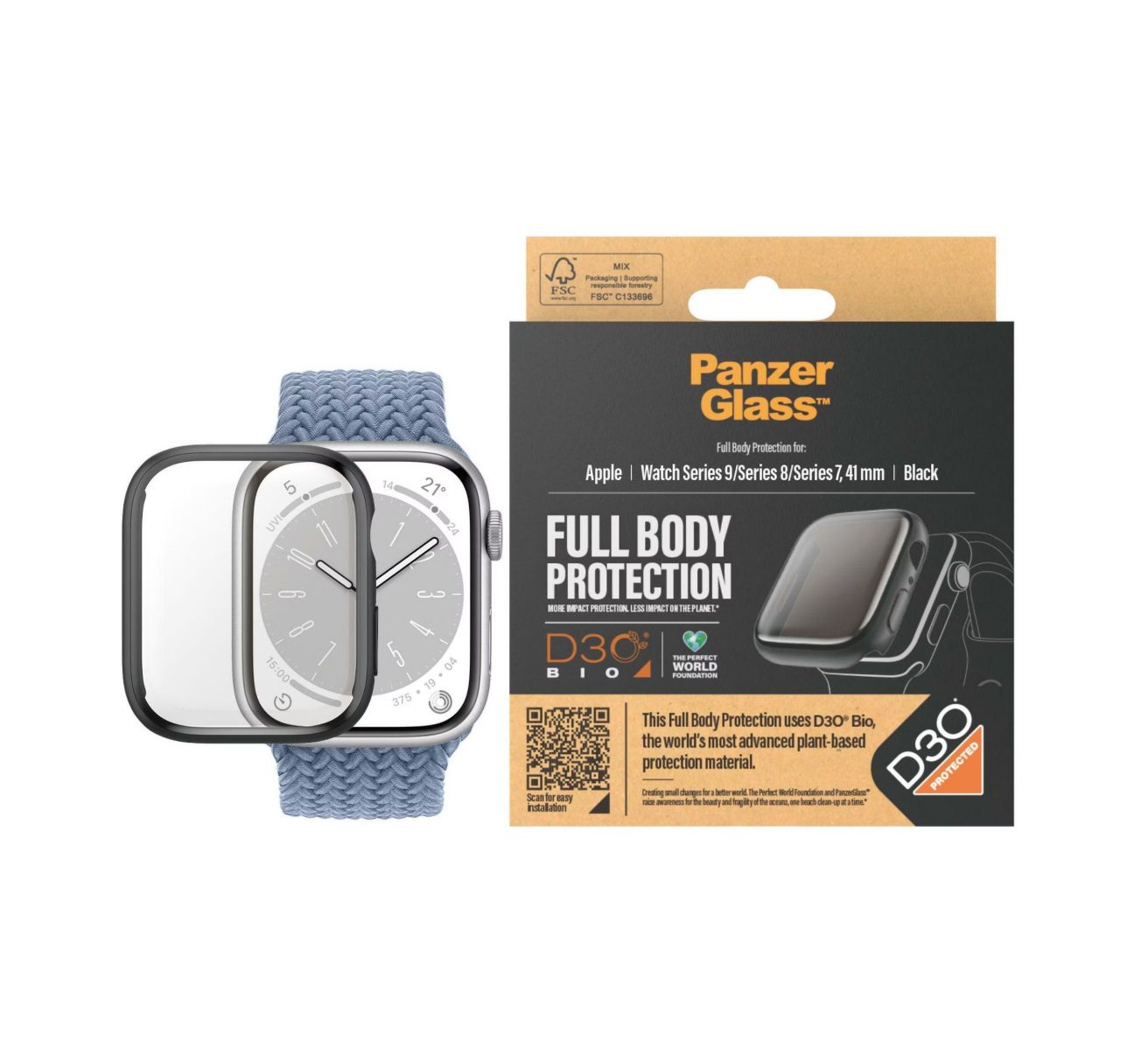 PanzerGlass Full Body Watch Screen Protector w. D3O Black (1 Piece), Apple Watch Series 9 (41mm)