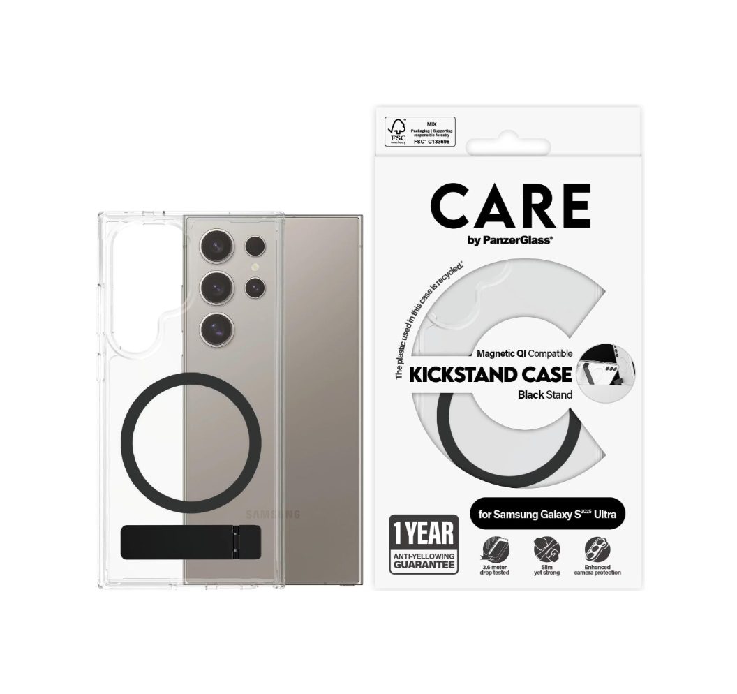 PanzerGlass CARE Feature Case Transparent w. Black Kickstand & Qi For Samsung Galaxy S25 Ultra